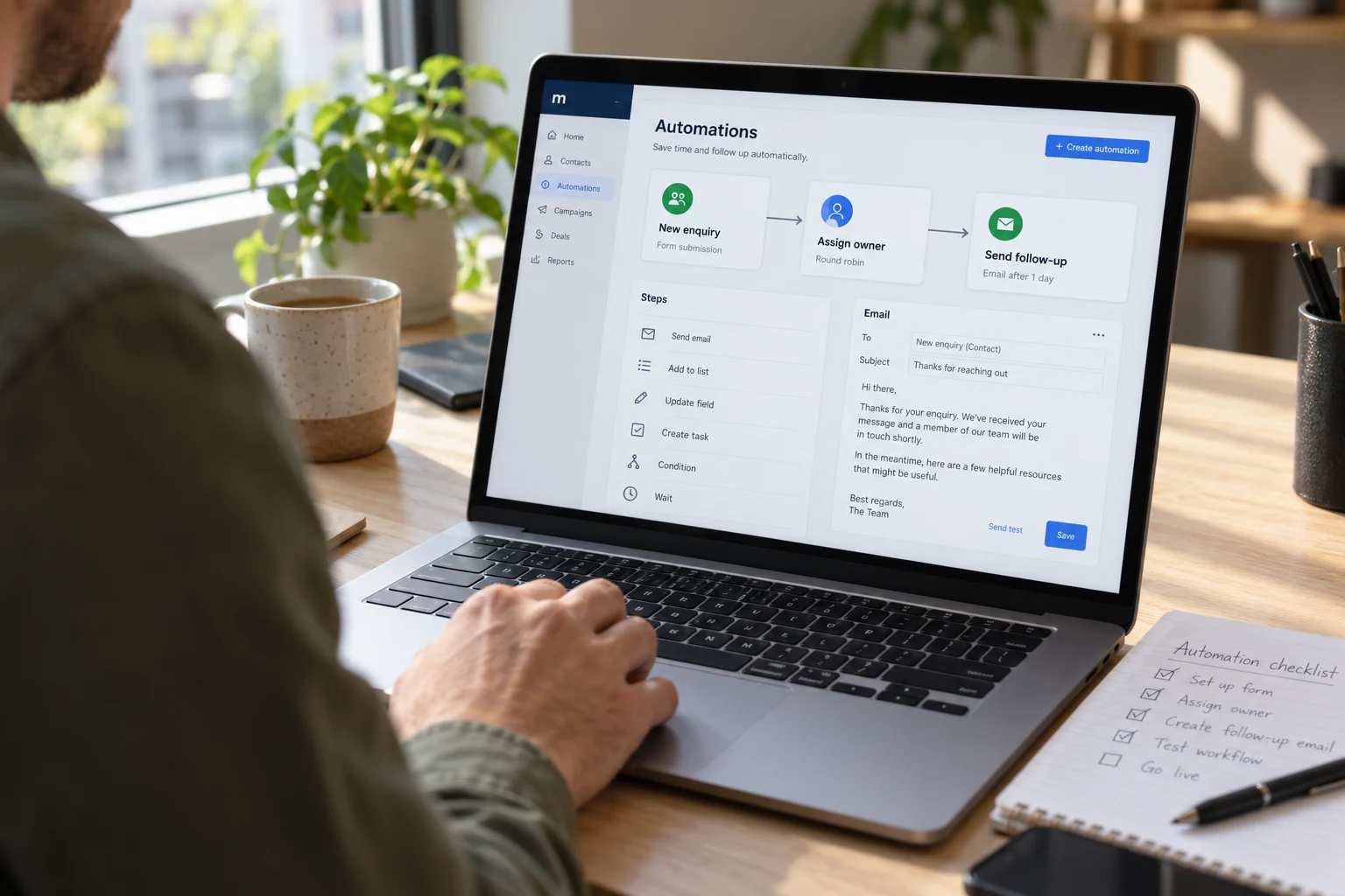 An office worker configuring an enquiry and email follow-up workflow on a laptop