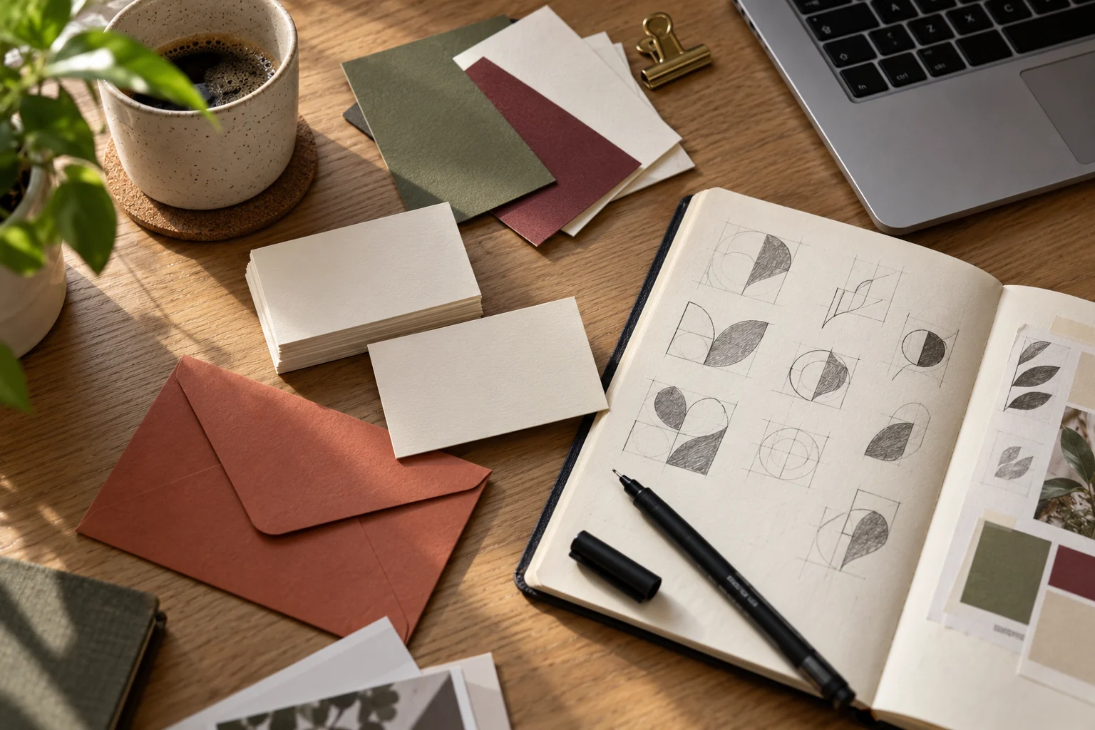 Brand identity sketches, stationery and paper colour samples on a designer's desk