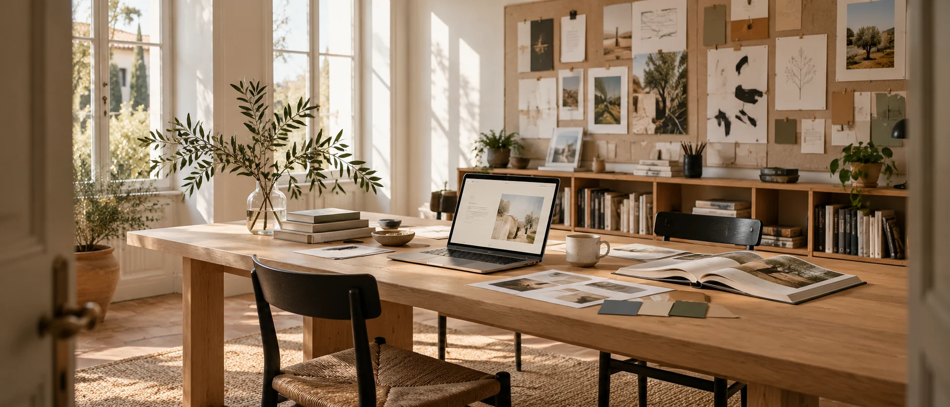 A sunlit creative workspace with a laptop, design books, printed layouts and a moodboard