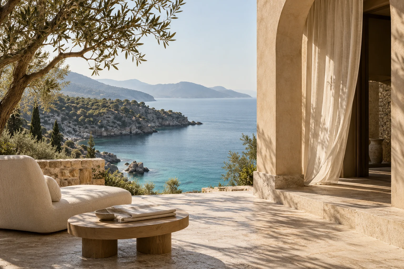 Conceptual coastal hospitality scene with a limestone terrace, linen curtain and Adriatic-inspired sea view