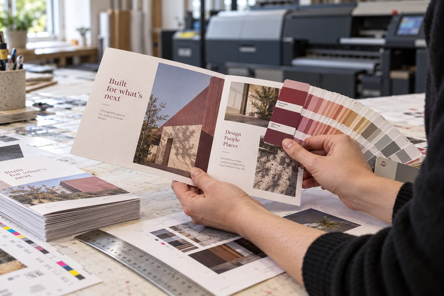 Printed brochure proofs compared with colour samples in a print workshop