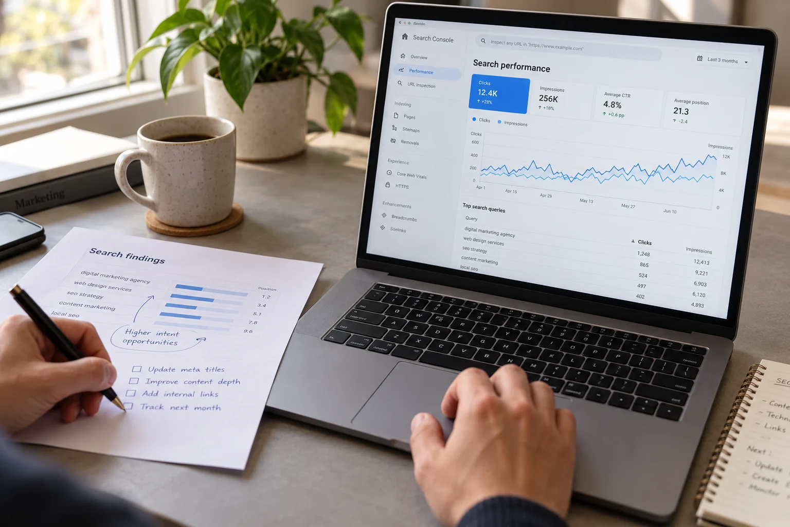 A search analytics review with a laptop and printed findings